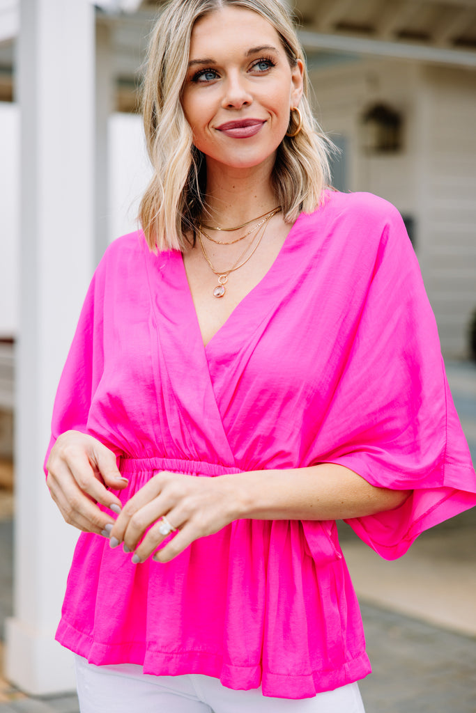 Bold Hot Pink Satin Blouse - Classy ...